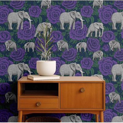 Elefante com Rosa Papel de Parede Estilo Asiático, Vinil Autoadesivo Decorativo, Instalação DIY Fácil para Quarto e Sala — Roxo - S4Sassy 63,5 cm (L) × 609,6 cm (C) / Roxo - Vinil Liso