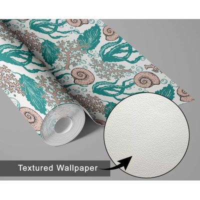 Papel de Parede Autoadesivo Removível Algas e Conchas Subaquáticas Verde — Mural Instantâneo para Banheiro, Lavanderia e Closet - S4Sassy 63,5 cm (L) × 304,8 cm (C) / Verde - Vinil Texturizado