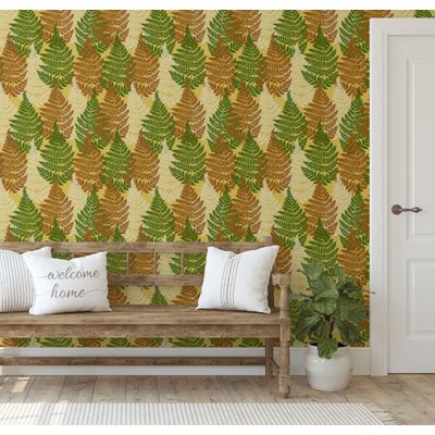 Papel de Parede Autoadesivo Folhas de Samambaia, Vinil Impermeável Amarelo, Removível, para Inquilinos, Quarto/Sala de Jantar - S4Sassy 63,5 cm (L) × 914,4 cm (C) / Amarelo - Vinil Liso