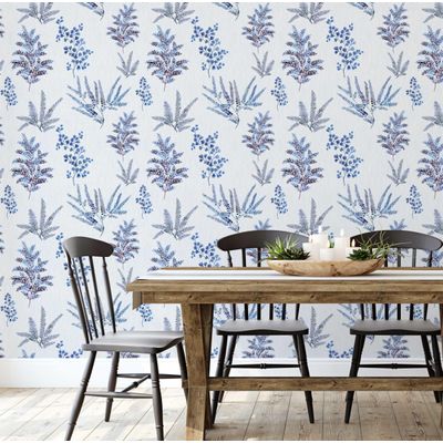 Papel de Parede Autoadesivo Mural com Estampa de Samambaia Azul e Folhagem para Entrada e Escritório, Papel Contact Destacável - S4sassy 63,5 cm (L) × 152,4 cm (C) / Azul - Vinil Liso