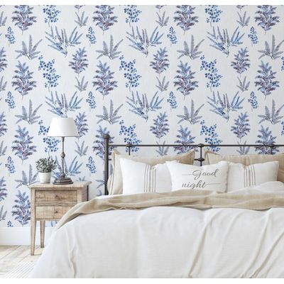 Papel de Parede Autoadesivo Mural com Estampa de Samambaia Azul e Folhagem para Entrada e Escritório, Papel Contact Destacável - S4sassy 63,5 cm (L) × 152,4 cm (C) / Azul - Vinil Liso