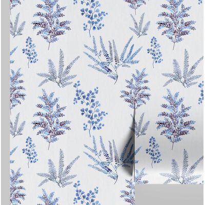 Papel de Parede Autoadesivo Mural com Estampa de Samambaia Azul e Folhagem para Entrada e Escritório, Papel Contact Destacável - S4sassy 63,5 cm (L) × 152,4 cm (C) / Azul - Vinil Liso