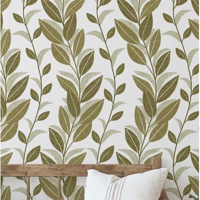 Papel de Parede Vinílico Autoadesivo Folha Vertical Verde, Aspecto Natural, Revestimento Decorativo, Fácil DIY para Quarto e Sala - S4Sassy 63,5 cm (L) × 304,8 cm (C) / Verde - Vinil Texturizado