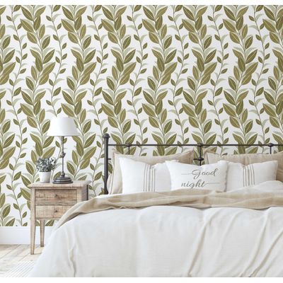 Papel de Parede Vinílico Autoadesivo Folha Vertical Verde, Aspecto Natural, Revestimento Decorativo, Fácil DIY para Quarto e Sala - S4Sassy 63,5 cm (L) × 304,8 cm (C) / Verde - Vinil Texturizado
