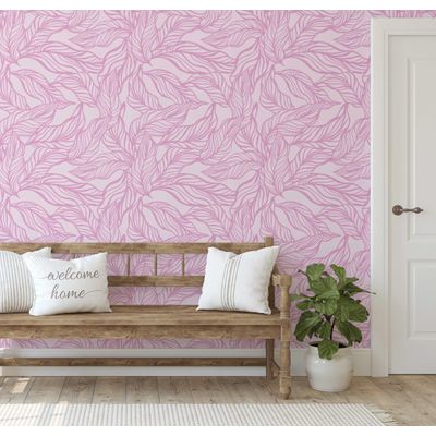 Papel de Parede Autoadesivo Rosa, Estampa Tropical de Folhas Desenhada à Mão, Impermeável e Removível para Quartos e Salas - S4Sassy 63,5 cm (L) × 152,4 cm (C) / Rosa - Vinil Texturizado