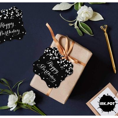 Etiquetas de Papel Happy Birthday para Artesanato DIY Formato de Colchete com Foil para Pendurar - Inkdotpot 100 Etiquetas Metalizadas / Preto - Prata