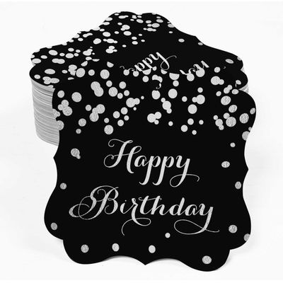 Etiquetas de Papel Happy Birthday para Artesanato DIY Formato de Colchete com Foil para Pendurar - Inkdotpot 100 Etiquetas Metalizadas / Preto - Prata