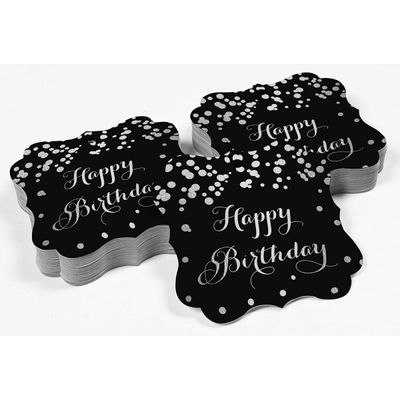Etiquetas de Papel Happy Birthday para Artesanato DIY Formato de Colchete com Foil para Pendurar - Inkdotpot 100 Etiquetas Metalizadas / Preto - Prata