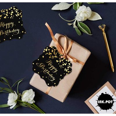 Etiquetas de Papel Happy Birthday para Artesanato DIY Formato de Colchete com Foil para Pendurar - Inkdotpot 100 Etiquetas Metalizadas / Preto - Prata