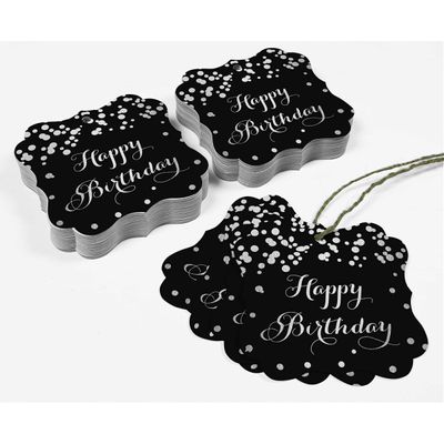 Etiquetas de Papel Happy Birthday para Artesanato DIY Formato de Colchete com Foil para Pendurar - Inkdotpot 100 Etiquetas Metalizadas / Preto - Prata