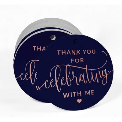 Etiqueta para Garrafa de Aniversário 'Obrigado por Comemorar Comigo' em Papel Metalizado para Lembrancinhas - Inkdotpot 100 Etiquetas Metalizadas / Azul - Ouro Rosé