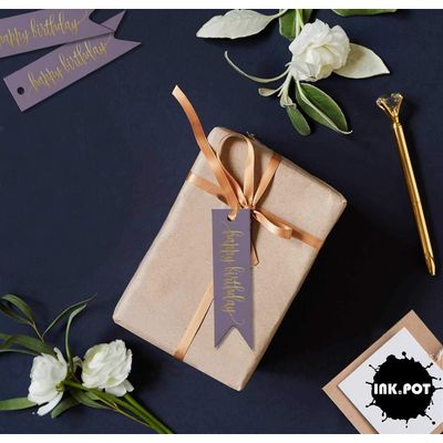 Etiquetas de Papel Metalizado para Pendurar 'Feliz Aniversário' para Lembrancinhas - Inkdotpot 50 Etiquetas Metalizadas / Roxo - Prata