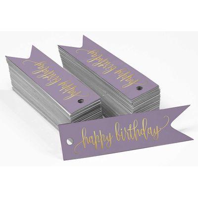 Etiquetas de Papel Metalizado para Pendurar 'Feliz Aniversário' para Lembrancinhas - Inkdotpot 50 Etiquetas Metalizadas / Roxo - Prata