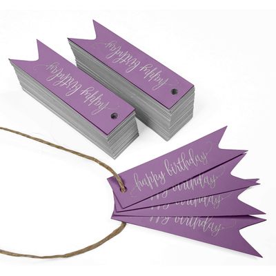 Etiquetas de Papel Metalizado para Pendurar 'Feliz Aniversário' para Lembrancinhas - Inkdotpot 50 Etiquetas Metalizadas / Roxo - Prata