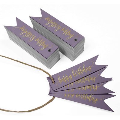 Etiquetas de Papel Metalizado para Pendurar 'Feliz Aniversário' para Lembrancinhas - Inkdotpot 50 Etiquetas Metalizadas / Roxo - Prata