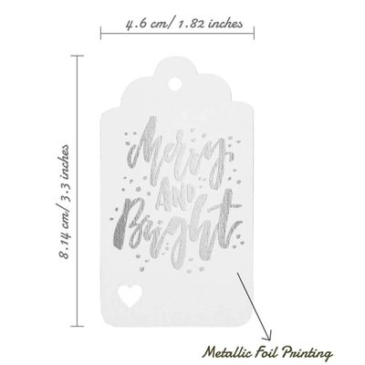 Etiquetas para Lembrancinhas de Natal "Merry and Bright" em Papel Metalizado para Pendurar - Inkdotpot 100 Etiquetas Metalizadas / Branco - Prata