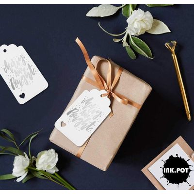 Etiquetas para Lembrancinhas de Natal "Merry and Bright" em Papel Metalizado para Pendurar - Inkdotpot 100 Etiquetas Metalizadas / Branco - Prata