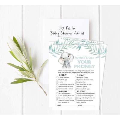 Conjunto com 50 Jogos para Chá de Bebê, Jogo Alfabeto do Bebê ABC com Elefante, Unissex, Suprimentos para Festa - Inkdotpot 12,7 Cm × 17,78 Cm / Branco - O Que Tem no Seu Celular