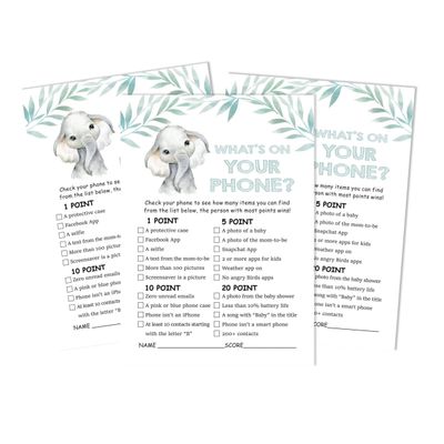 Conjunto com 50 Jogos para Chá de Bebê, Jogo Alfabeto do Bebê ABC com Elefante, Unissex, Suprimentos para Festa - Inkdotpot 12,7 Cm × 17,78 Cm / Branco - O Que Tem no Seu Celular