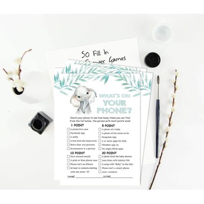 Conjunto com 50 Jogos para Chá de Bebê, Jogo Alfabeto do Bebê ABC com Elefante, Unissex, Suprimentos para Festa - Inkdotpot 12,7 Cm × 17,78 Cm / Branco - O Que Tem no Seu Celular