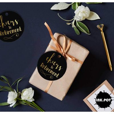 Etiquetas de Papel para Pendurar "Cheers to Retirement" com Foil para Lembrancinhas - Inkdotpot 100 Etiquetas Metalizadas / Preto - Prata