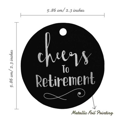 Etiquetas de Papel para Pendurar "Cheers to Retirement" com Foil para Lembrancinhas - Inkdotpot 100 Etiquetas Metalizadas / Preto - Prata