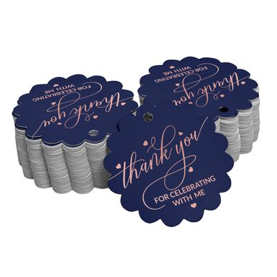 Etiquetas de Papel Metalizado para Pendurar 'Obrigado por Celebrar Comigo' para Lembrancinha de Aniversário - Inkdotpot 100 Etiquetas Metalizadas / Azul - Ouro Rosé