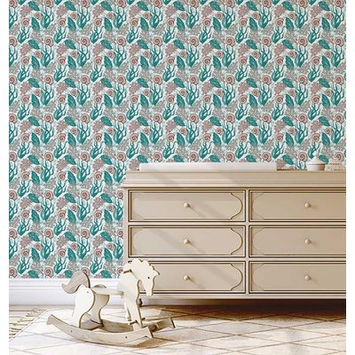 Papel de Parede Autoadesivo Removível Algas e Conchas Subaquáticas Verde — Mural Instantâneo para Banheiro, Lavanderia e Closet - S4Sassy 63,5 cm (L) × 152,4 cm (C) / Verde - Vinil Liso