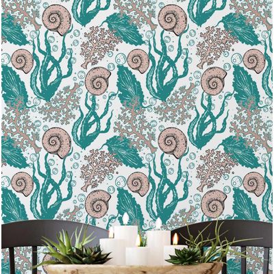Papel de Parede Autoadesivo Removível Algas e Conchas Subaquáticas Verde — Mural Instantâneo para Banheiro, Lavanderia e Closet - S4Sassy 63,5 cm (L) × 914,4 cm (C) / Verde - Vinil Texturizado