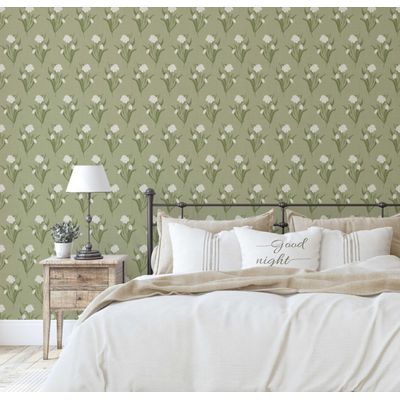 Papel de Parede Autoadesivo Floral Snowdrop Branco, Vinílico Impermeável Removível Verde, para Inquilinos, Quarto e Sala de Jantar - S4sassy 63,5 cm (L) × 304,8 cm (C) / Verde - Vinil Liso