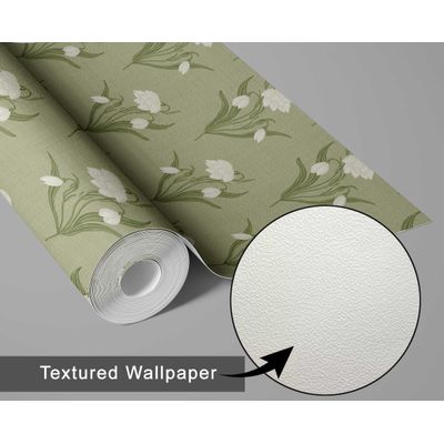 Papel de Parede Autoadesivo Floral Snowdrop Branco, Vinílico Impermeável Removível Verde, para Inquilinos, Quarto e Sala de Jantar - S4sassy 63,5 cm (L) × 914,4 cm (C) / Verde - Vinil Texturizado