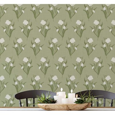 Papel de Parede Autoadesivo Floral Snowdrop Branco, Vinílico Impermeável Removível Verde, para Inquilinos, Quarto e Sala de Jantar - S4sassy 63,5 cm (L) × 914,4 cm (C) / Verde - Vinil Texturizado