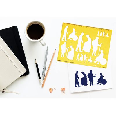 Estêncil de Contorno Geriátrico - Molde de Figuras Idosas com Poses em Escala para Esboço, Ilustração, Layout e Referência - Traceease Amarelo