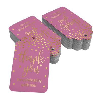 Etiquetas de Papel para Lembrancinhas de Aniversário 'Obrigado por Celebrar Comigo' com Foil Artesanal - Inkdotpot 50 Etiquetas Metalizadas / Rosa - Dourado