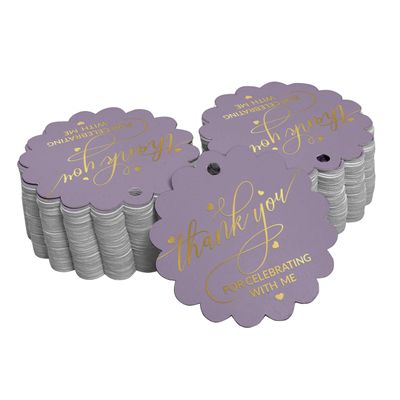 Etiqueta Pingente de Garrafa 'Obrigado por Celebrar Comigo' para Lembrancinha de Aniversário, Metalizado - Inkdotpot 100 Etiquetas Metalizadas / Roxo - Ouro Rosé