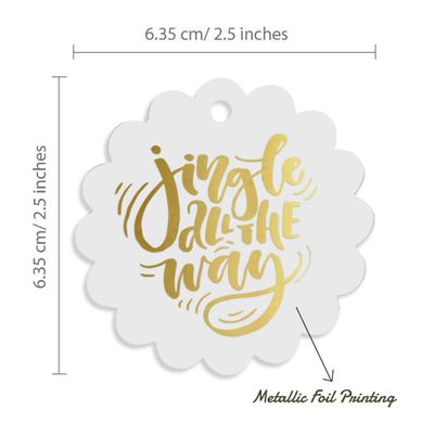 Etiquetas de Papel para Lembrancinhas de Natal 'Jingle All The Way' com Foil Metalizado para Pendurar - Inkdotpot 100 Etiquetas Metalizadas / Branco - Dourado