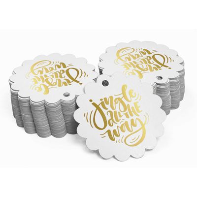 Etiquetas de Papel para Lembrancinhas de Natal 'Jingle All The Way' com Foil Metalizado para Pendurar - Inkdotpot 100 Etiquetas Metalizadas / Branco - Dourado