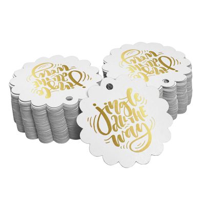 Etiquetas de Papel para Lembrancinhas de Natal 'Jingle All The Way' com Foil Metalizado para Pendurar - Inkdotpot 100 Etiquetas Metalizadas / Branco - Dourado