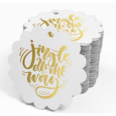Etiquetas de Papel para Lembrancinhas de Natal 'Jingle All The Way' com Foil Metalizado para Pendurar - Inkdotpot 100 Etiquetas Metalizadas / Branco - Dourado