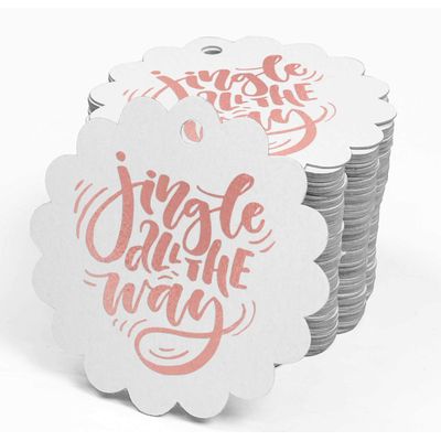 Etiquetas de Papel para Lembrancinhas de Natal 'Jingle All The Way' com Foil Metalizado para Pendurar - Inkdotpot 100 Etiquetas Metalizadas / Branco - Ouro Rosé