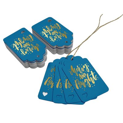Etiquetas de Papel Feliz e Brilhante para Lembrancinhas de Natal, Metalizadas para Artesanato e Pendurar - Inkdotpot 50 Etiquetas Metalizadas / Azul - Dourado