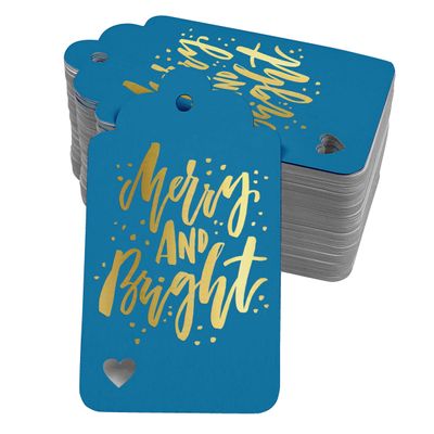 Etiquetas de Papel Feliz e Brilhante para Lembrancinhas de Natal, Metalizadas para Artesanato e Pendurar - Inkdotpot 50 Etiquetas Metalizadas / Azul - Dourado