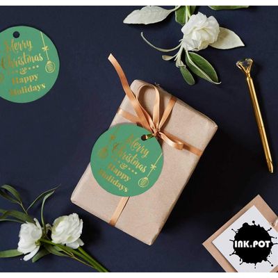 Etiquetas de Papel Metalizado para Pendurar 'Feliz Natal e Boas Festas' - Inkdotpot 100 Etiquetas Metalizadas / Verde - Dourado