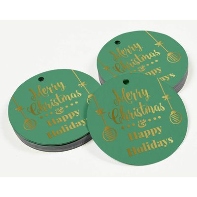 Etiquetas de Papel Metalizado para Pendurar 'Feliz Natal e Boas Festas' - Inkdotpot 100 Etiquetas Metalizadas / Verde - Dourado