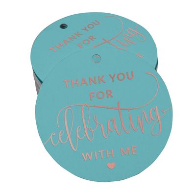 Etiquetas de Papel Metalizado 'Obrigado por Celebrar Comigo' para Lembrancinhas de Aniversário para Pendurar - Inkdotpot 50 Etiquetas Metalizadas / Azul - Ouro Rosé