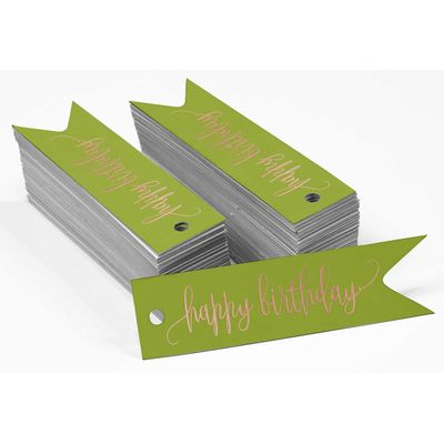 Etiquetas de Papel Metalizado para Pendurar 'Feliz Aniversário' para Lembrancinhas - Inkdotpot 50 Etiquetas Metalizadas / Verde - Ouro Rosé