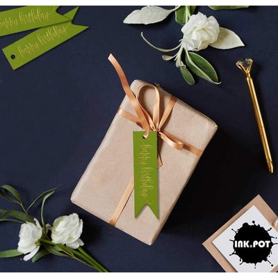 Etiquetas de Papel Metalizado para Pendurar 'Feliz Aniversário' para Lembrancinhas - Inkdotpot 50 Etiquetas Metalizadas / Verde - Ouro Rosé