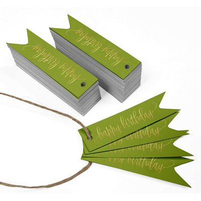 Etiquetas de Papel Metalizado para Pendurar 'Feliz Aniversário' para Lembrancinhas - Inkdotpot 50 Etiquetas Metalizadas / Verde - Ouro Rosé