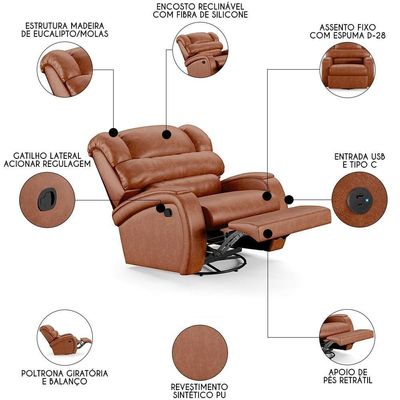 Poltrona Do Papai Reclinável Kalie Glider Giratória Usb Fh9 Pu Caramelo Brilho - Mpozenato