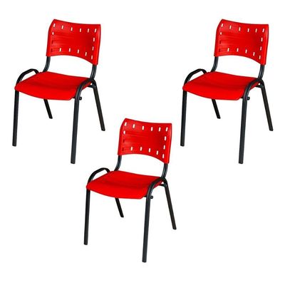 Kit 3 Cadeira Iso Tubo Oblongo Aço Industrial Empilhavel Vermelho